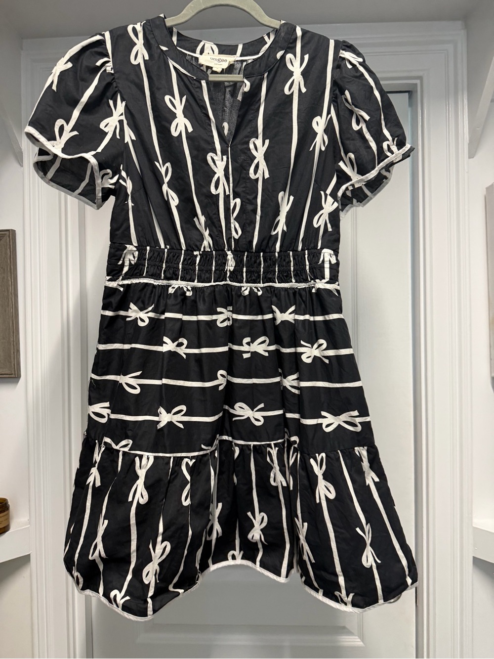 Umgee Black Mini Dress with White Bow Stripe Print